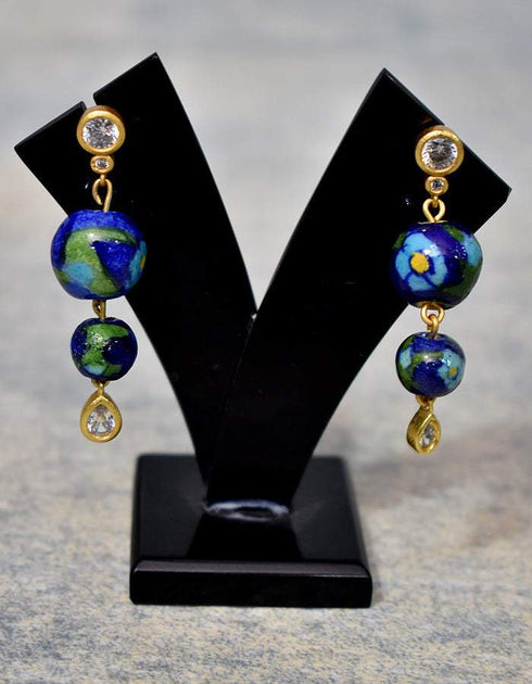 Blue Pottery 2 Bead Earring Blue & Green